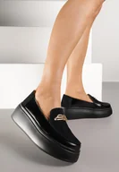 Półbuty damskie - Czarne Półbuty na Platformie i Koturnie ze Skóry Naturalnej z Metaliczną Aplikacją Takaria - miniaturka - grafika 1