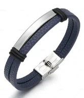 Bransolety męskie - Bransoletka męska skórzana granatowa stal srebrna 21cm - miniaturka - grafika 1