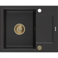Zlewozmywaki - Mexen Enzo zlewozmywak granitowy 1-komorowy z ociekaczem 576 x 465 mm, czarny/srebrny metalik, syfon złoty - miniaturka - grafika 1