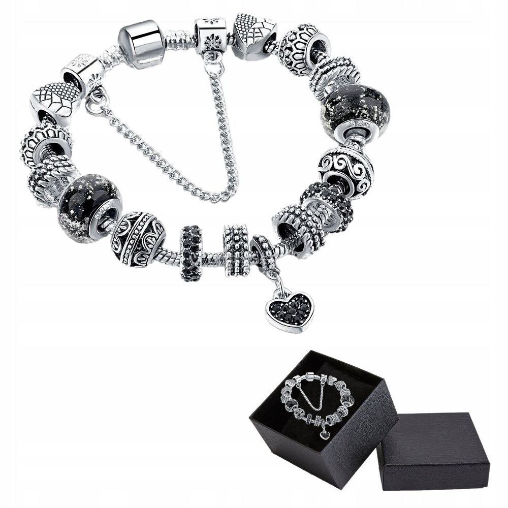 Bransoletka Srebrna Modułowa Czarna Zawieszka Serce Beads Charms 20 cm DIY