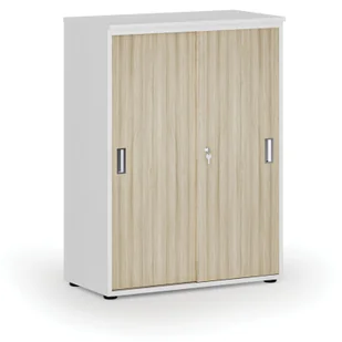 Szafa biurowa z drzwiami przesuwnymi PRIMO WHITE, 1087 x 800 x 420 mm, biały/dąb naturalny - Szafy biurowe - miniaturka - grafika 1