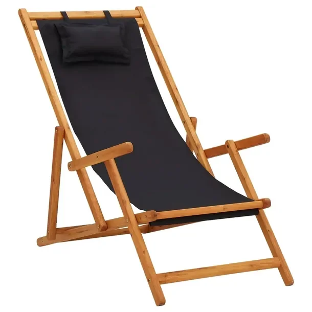 Leżak plażowy z litego drewna eukaliptusowego, czarny, 60x112/119/127x81/