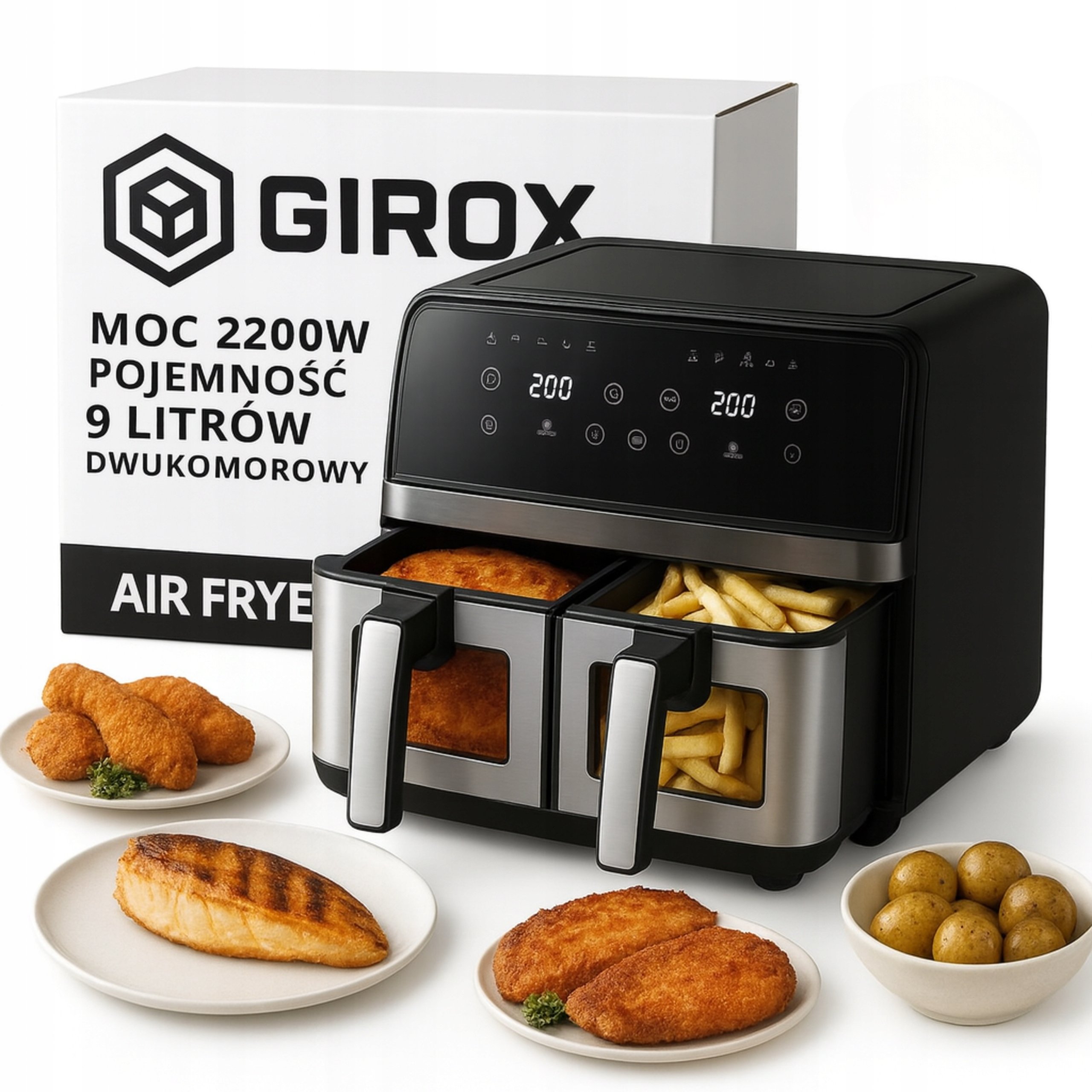 Frytkownica Beztłuszczowa Dwukomorowa 9L Air Fryer 2200W 10 Programów Led