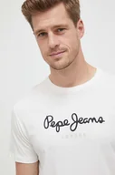 Koszulki męskie - Pepe Jeans t-shirt bawełniany Eggo kolor beżowy z nadrukiem - miniaturka - grafika 1