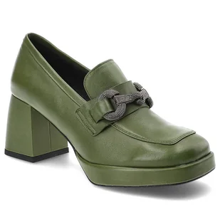 Zielone Półbuty Karino Eleganckie Skórzane Buty Na Obcasie - Półbuty damskie - miniaturka - grafika 1