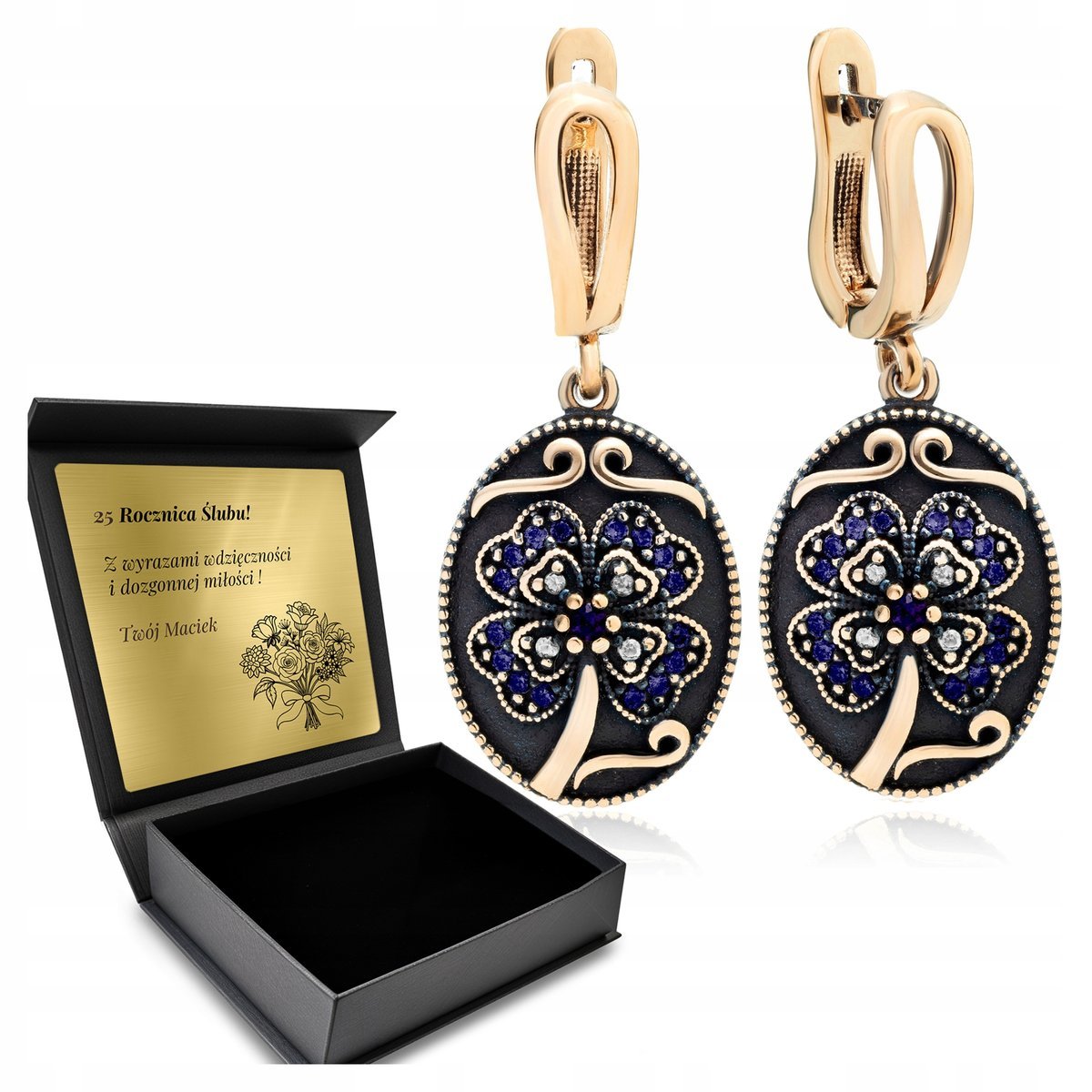 Kolczyki Srebrne 925 Cyrkonie Koniczyna Biżuteria Dla Kobiety Grawer