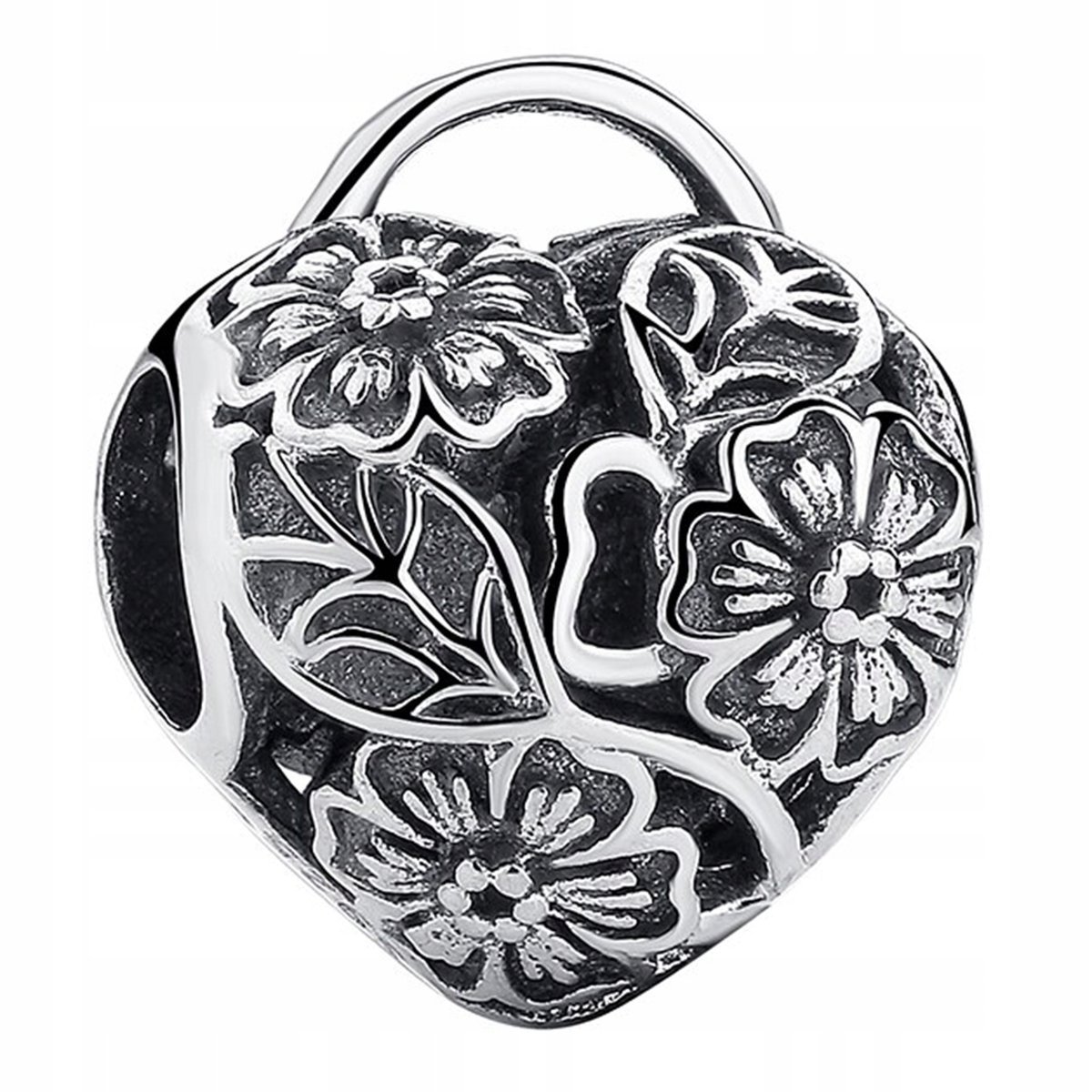 Charms Srebrny Serce Kwiaty Serduszko Kwiatki Flowers Kłódka SREBRO 925