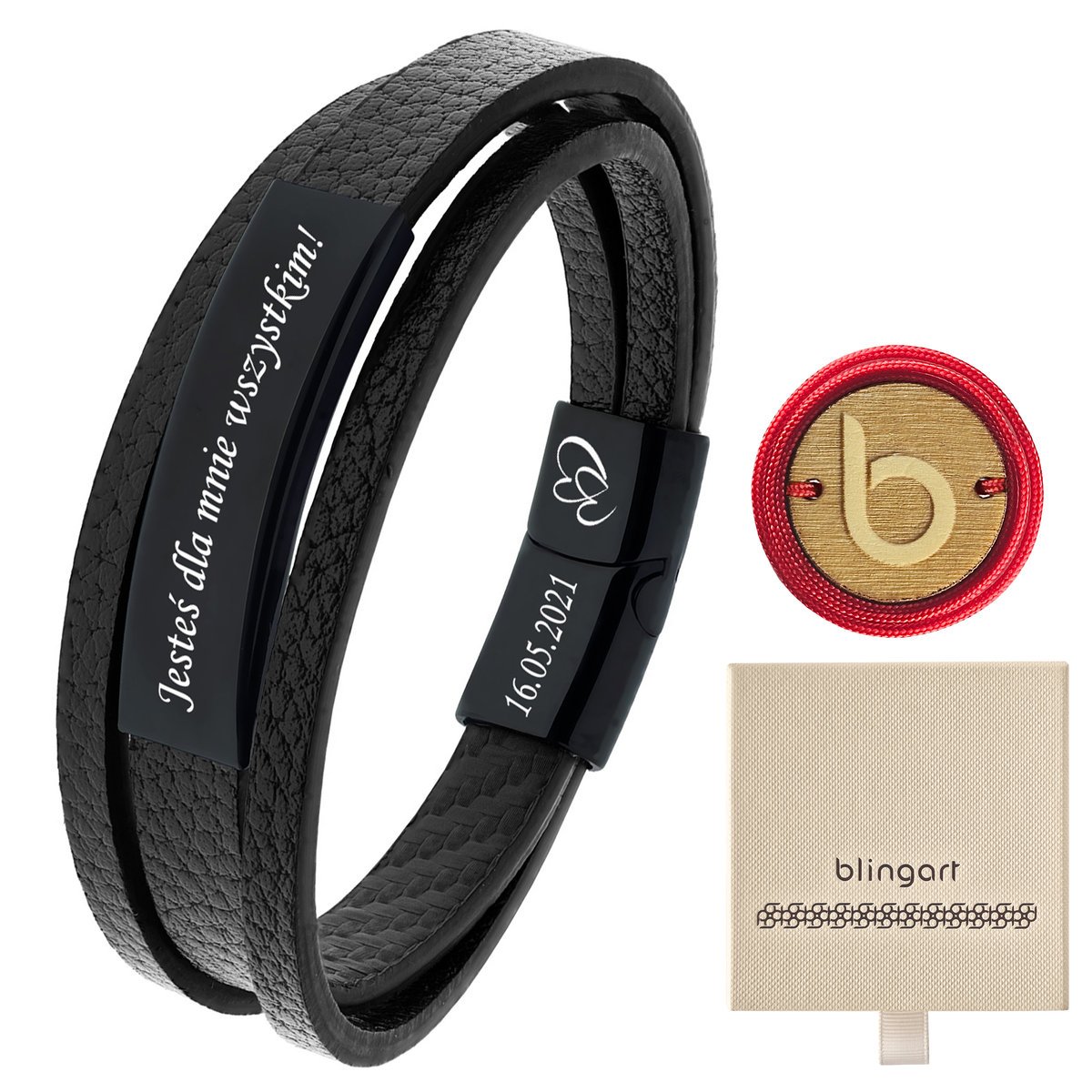 Bransoletka męska CZARNA skórzana z GRAWEREM stal