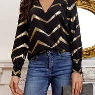 Koszule damskie - TEMU Bluzka z Długim Rękawem i Dekoltem w Serek dla Kobiet, Wzór Złotego Geometrycznego Szachownicy - Regularny Krój, Możliwość Prania w Pralce do - miniaturka - grafika 1