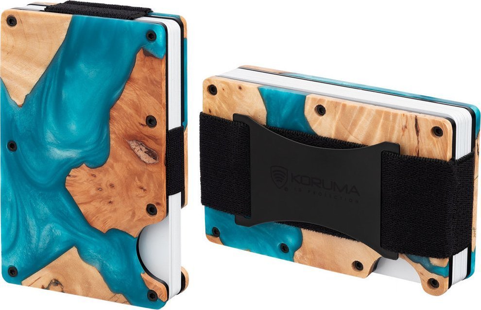 KORUMA Aluminiowe etui z gumką na karty zbliżeniowe RFID drewno + turkusowa żywica Uniwersalny