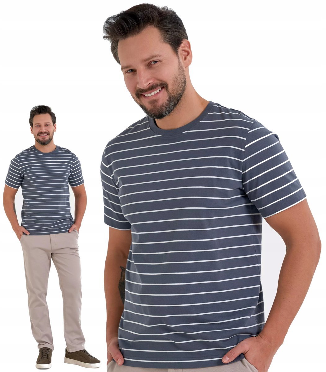 T-shirt Męski Bawełniany w Paski Klasyczny Krótki Rękaw Koszulka MORAJ - L