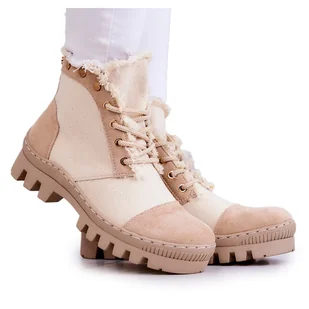 S.Barski Modne Damskie Botki Trapery Beżowe Claira beżowy - Botki damskie - miniaturka - grafika 1