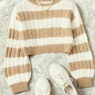 Swetry damskie - TEMU Damski sweter w paski o dopasowanym kroju - Miękki róż i pionowe paski, bluzka z długim rękawem i okrągłym dekoltem, idealna na co dzień i na - miniaturka - grafika 1