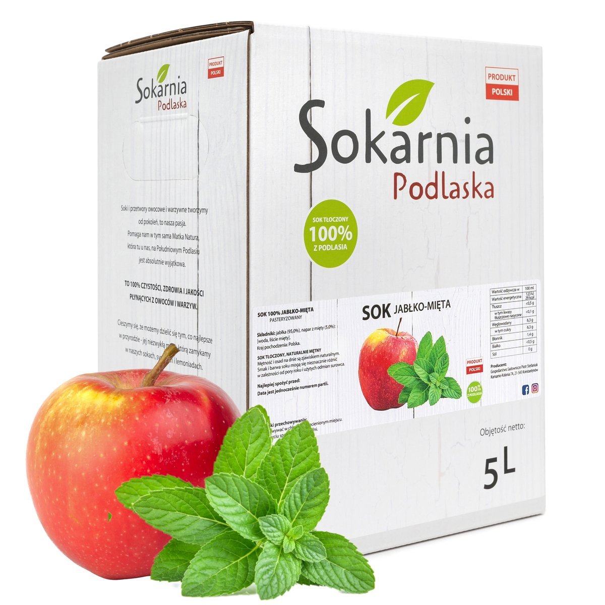 SOK JABŁKO MIĘTA 5L Tłoczony Naturalny Bez Dodatku Cukru Pyszny Smak