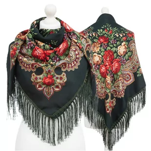 Duża Damska Chusta Folkowa Apaszka Ludowa Góralska Frędzle Etno Kwiaty - Chu-9028-Zie - Apaszki i szaliki damskie Duża Damska Chusta Folkowa Apaszka Ludowa Góralska Frędzle Etno Kwiaty - Chu-9028-Zie - Apaszki i szaliki damskie - miniaturka - grafika 1