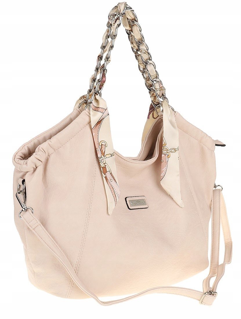 Torebka damska worek shopper A4 pojemna na ramię łańcuszkiem CH2213 Beżowa