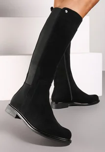 Czarne Płaskie Kozaki Oficerki z Elastyczną Wstawką Ansinda - Kozaki damskie - miniaturka - grafika 1