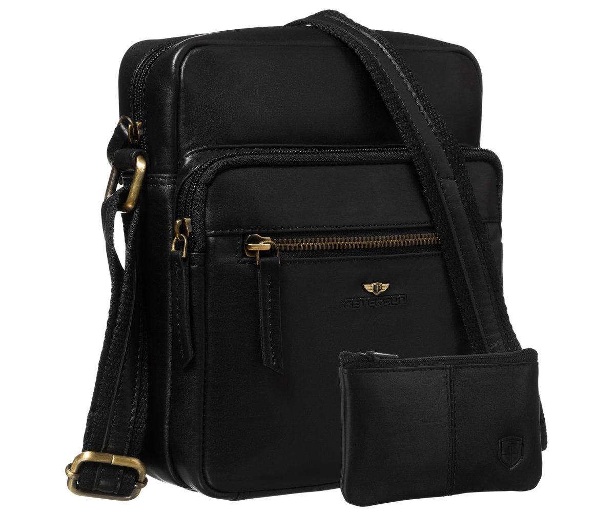Czarna torebka męska skórzana PETERSON miejska listonoszka na ramię mała saszetka na co dzień elegancka kieszonki na telefon dokumenty + etui na klu..