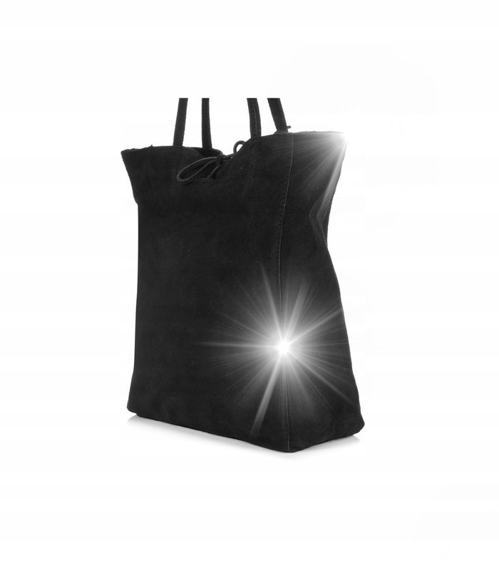 Damska Włoska Skórzana Torebka Worek Troczki Zamszowa Shopperka Czarna