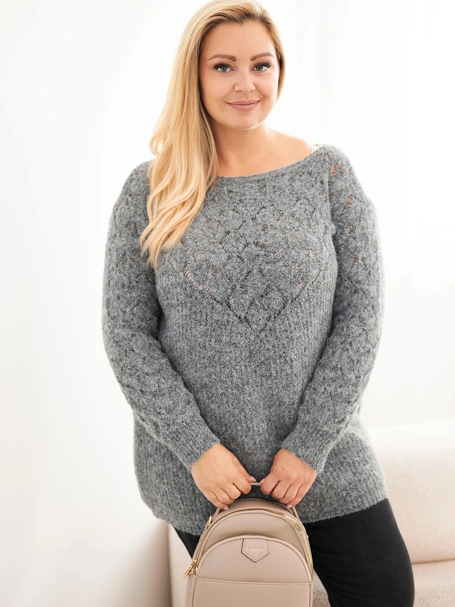 Sweter damski Plus Size z dzianiny ażurowy z długim rękawem grafitowy