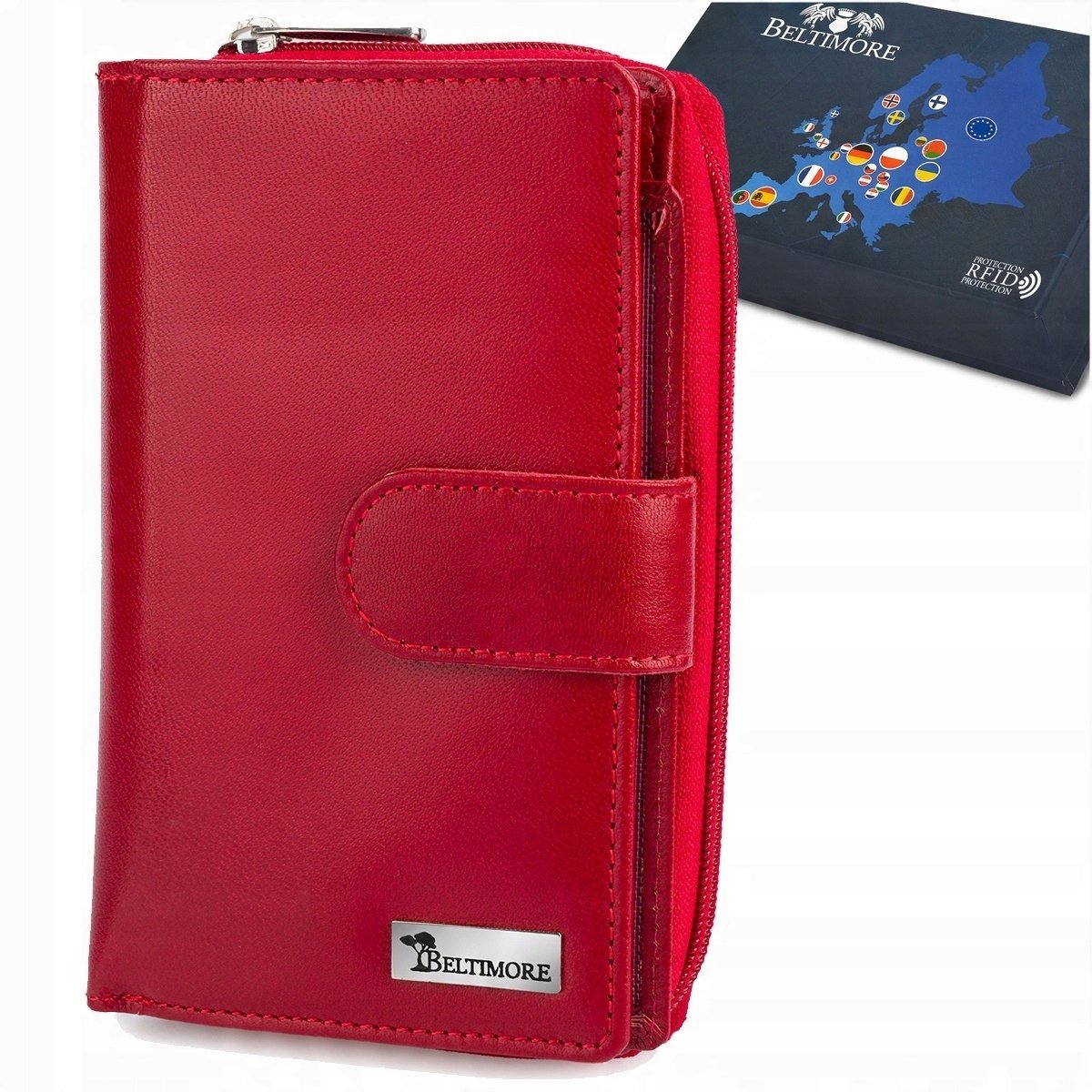 Portfel skórzany damski RFiD skóra na karty klasyk duży czerwony Beltimore
