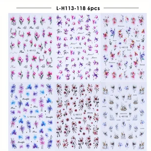 TEMU 6 Sztuk Brokatowych Naklejek na Paznokcie z Wodnymi Kolorami - 3D Samoprzylepne Letnie Dekoracje Botaniczne z Geometrycznym Kwitnącym Motywem, - Ozdoby do paznokci - miniaturka - grafika 1