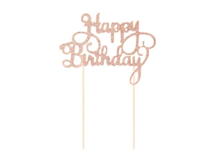 Topper na tort Happy Birthday brokatowy różowe złoto - 1 szt. - Ciasta i półprodukty do ciast - miniaturka - grafika 1