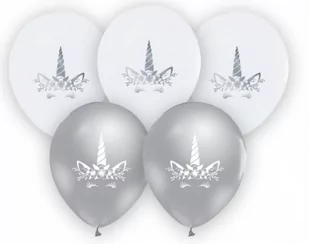 Balony Jednorożec Metaliczne, Srebrne I Białe, 5 Szt. - Urodziny dziecka - miniaturka - grafika 1