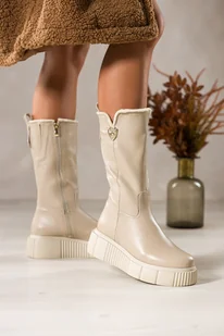 Beżowe kozaki skórzane damskie przed kolano na żłobionej platformie wycięta cholewka złota ozdoba PRODUKT POLSKI Casu 29878 - Kozaki damskie - miniaturka - grafika 1