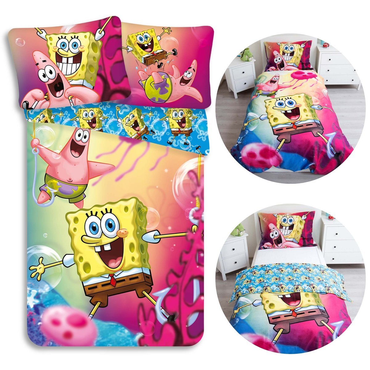 Spongebob Kolorowa, DWUSTRONNA, bawełniana pościel dziecięca na zamek, 100% BAWEŁNA 140x200cm+70x90cm OEKO-TEX