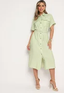 Sukienki - Zielona Wiskozowa Sukienka o Koszulowym Kroju z Paskiem Nelavyn - miniaturka - grafika 1
