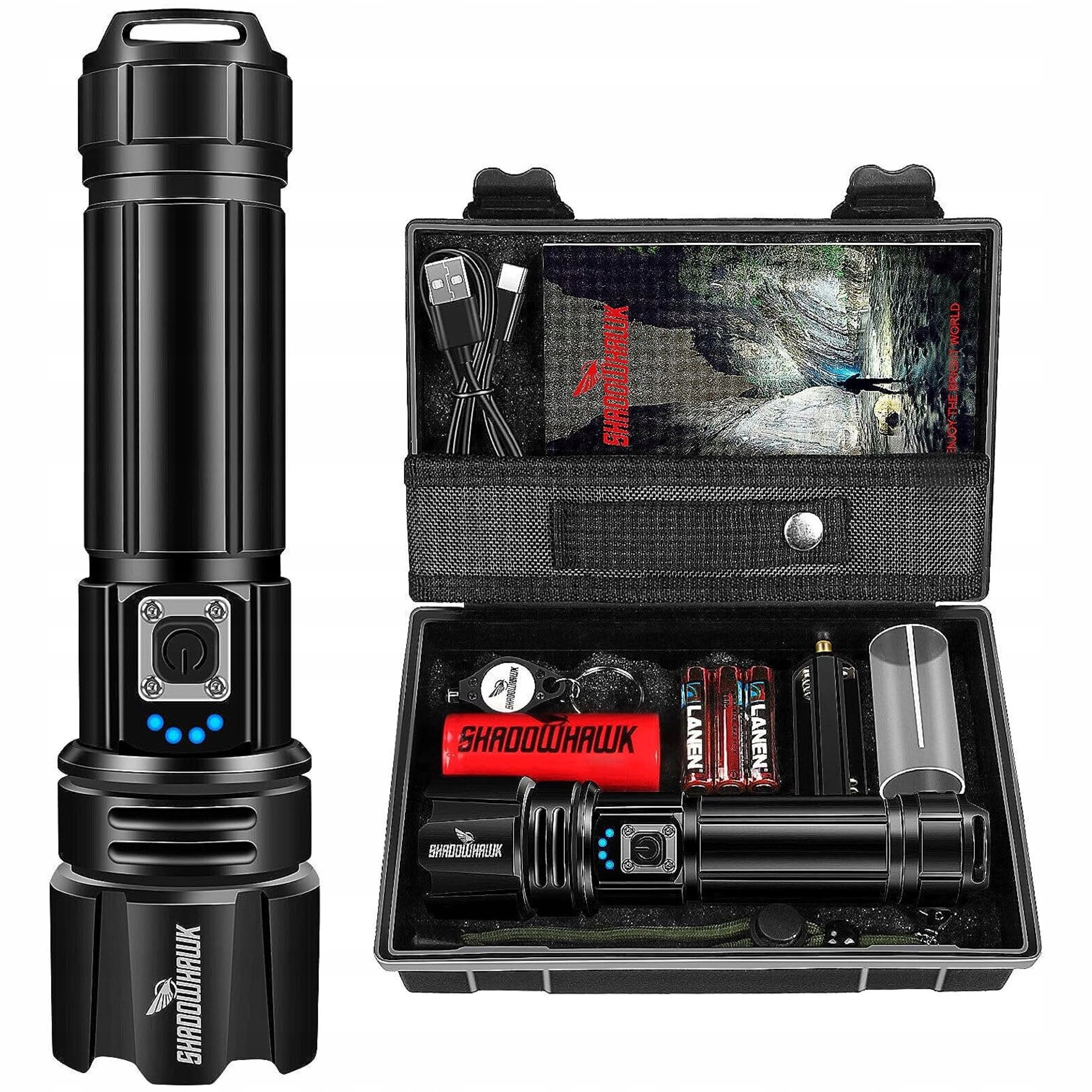 Bardzo mocna latarka taktyczna akumulatorowa baterię jasna powerbank etui