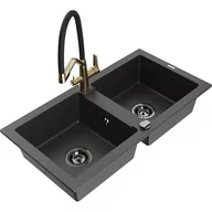Zlewozmywaki z baterią - Mexen Mario zlewozmywak granitowy 2-komorowy z baterią kuchenną Duo, czarny nakrapiany - miniaturka - grafika 1