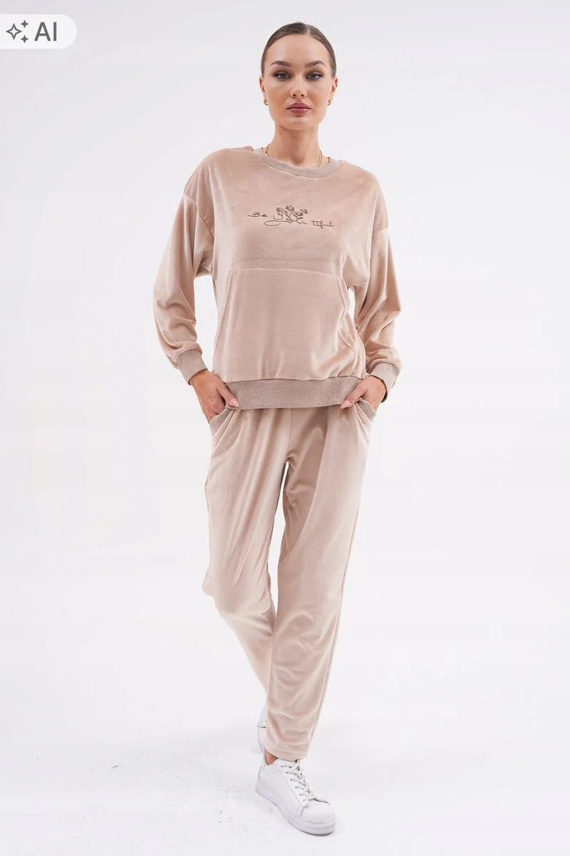 WEST&BOUNT BEŻOWY DRES WELUROWY Z HAFTEM CASUALOWY XL 5IA