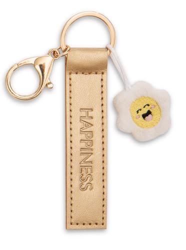 Breloczek „Happiness” z imitacji skóry 10cm z kwiatkiem - złoty - Lojalny towarzysz dla wszystkich grup wiekowych z karabińczykiem, idealny do plecaka, torby, smyczy lub kluczy 62008