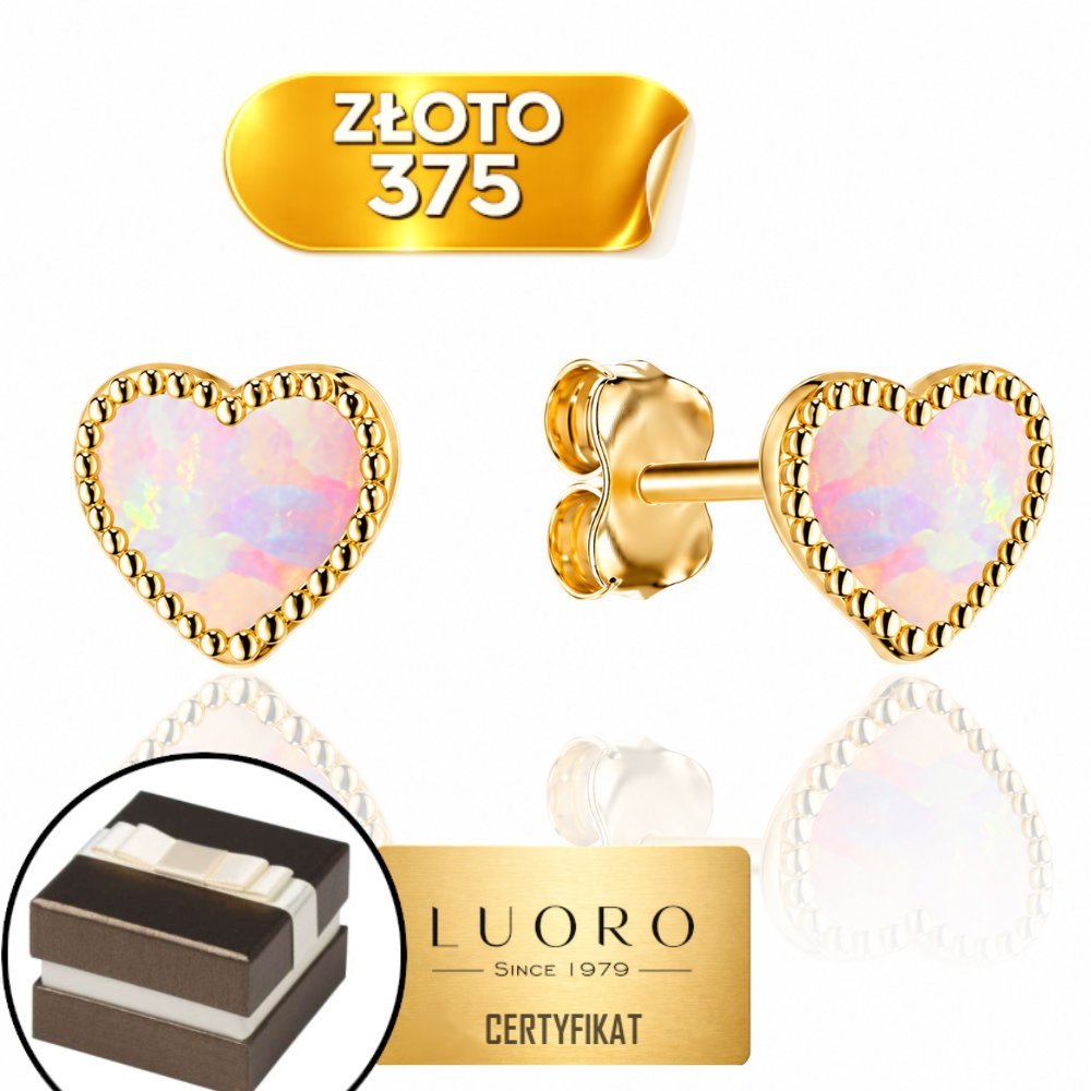 KOLCZYKI ZŁOTE 375 SERCA Z RÓŻOWYM OPALITEM NA SZTYFCIE ELEGANCKIE