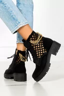 Botki damskie - Czarne workery ażurowe z łańcuszkiem na platformie sznurowane polska skóra Casu 3030 - miniaturka - grafika 1