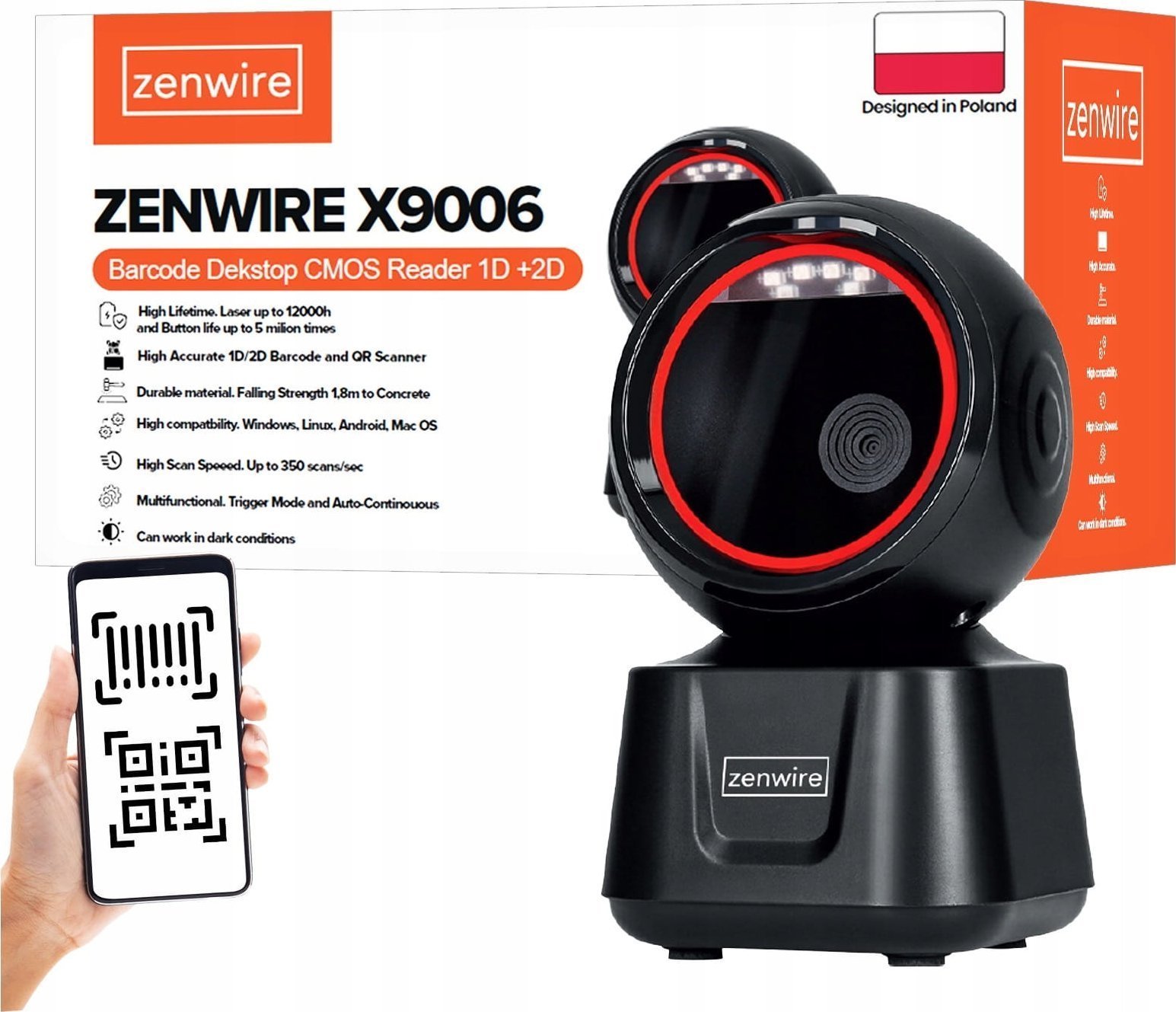 Zenwire Czytnik Kodów Kreskowych Skaner QR 1D 2D USB Przewodowy Stacjonarny EAN GS1 Zenwire X9006