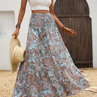 Spódnice - TEMU Spódnica Damska Boho z Wysokim Stanem - A-Line, Długa w Paisley Print z Kolorowym Blokowaniem i Falbanką Parasolową, Pranie Maszynowe, - miniaturka - grafika 1