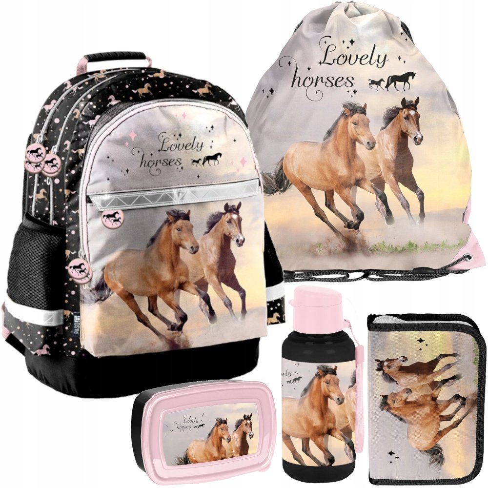Plecak szkolny dla dziewczynki tornister 1-3 4-6 klasa Konie Paso Zestaw