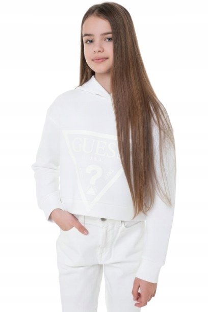 GUESS BIAŁA BLUZA DAMSKA Z KAPTUREM GŁADKA BAWEŁNA 136-146 1GMA
