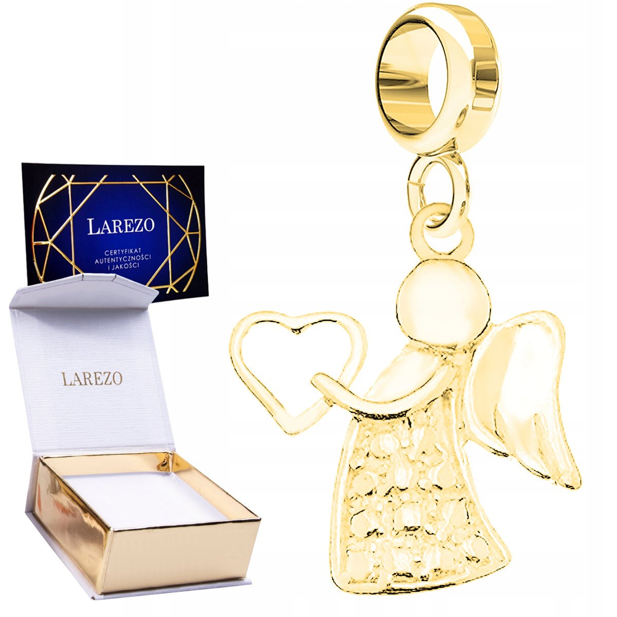 CHARMS ZŁOTY z Aniołem Anioł Stróż Serce Serduszko Pozłacany 24K SREBRO 925