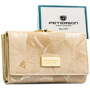 Modny portfel damski skórzany PETERSON ochrona RFID rozbudowany na karty i dokumenty elegancki na zatrzask i bigiel beżowy średniej wielkości poziom.. - Portfele - miniaturka - grafika 1