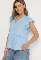 Koszule damskie - Niebieska Koszula z Wiskozą z Falbankami i Dekoltem w Kształcie Litery V Alivienne - miniaturka - grafika 1