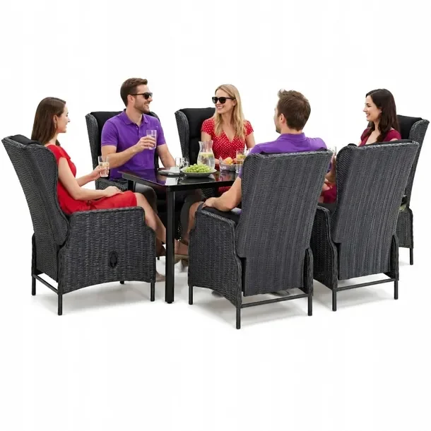 Zestaw mebli ogrodowych czarny, stół 160x80x74 cm, 6 krzeseł ciemnoszary