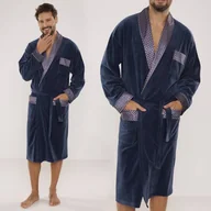 Piżamy damskie - Szlafrok Męski De Lafense Welurowy Długi Z Kieszeniami Elegancki Jeans 773 Granatowy 4XL - miniaturka - grafika 1