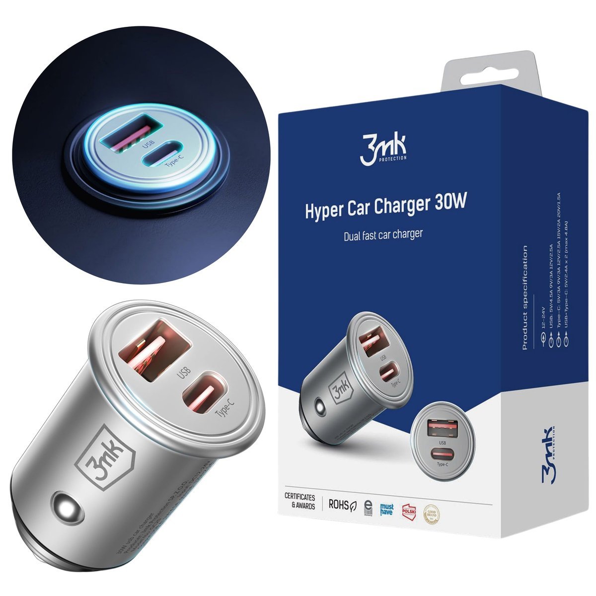 SZYBKA ładowarka samochodowa, 2 PORTY - PD QC PPS USB-C USB-A - 3mk Hyper Car Charger 30W