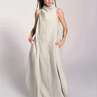 Sukienki - TEMU 2519 Elegancka jednokolorowa sukienka z wysokim dekoltem z kieszeniami - bez rękawów, płynna, beżowa sukienka maxi dla kobiet, codzienny strój, - miniaturka - grafika 1