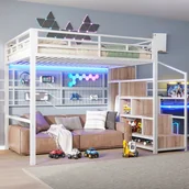 Łóżka dla dzieci i młodzieży - Łóżko na antresoli 140x200 cm - żelazna konstrukcja - z szafą + drabinką do przechowywania - listwa oświetleniowa LED - biały - miniaturka - grafika 1