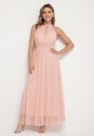 Sukienki - Różowa Wieczorowa Sukienka ze Stójką Wiązana w Talii Ozdobiona Siateczką Nestasoni - miniaturka - grafika 1